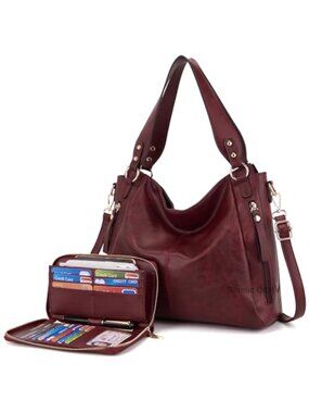 2pc Hobo Handbag & Wallet Set Faux Leather Tote Shoulder Bag